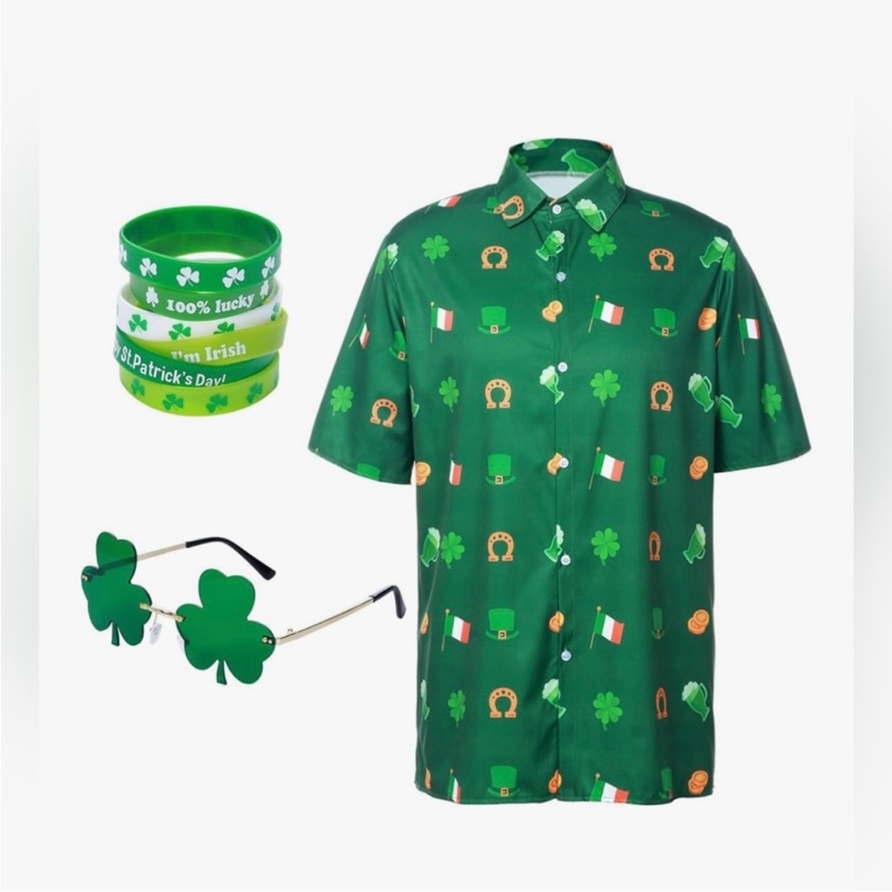 St. Patrick's Day Green Shirt and Accessories Set - Shamrock Glasses, Bracelets